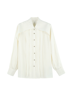 2025秋季新款米白大翻领压褶衬衫装饰垂坠柔滑肌理HBZW800018