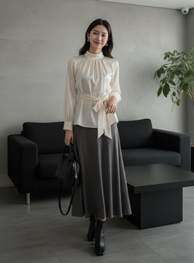 【金金宠粉】冬季法式优雅褶皱腰带收腰鎏光缎面上衣HBZX710081
