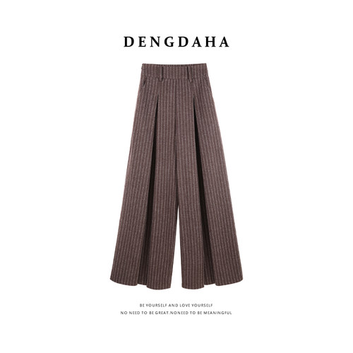 DENGDAHA「自成焦点」复古风竖纹松紧腰休闲裤长裤HBZW800067