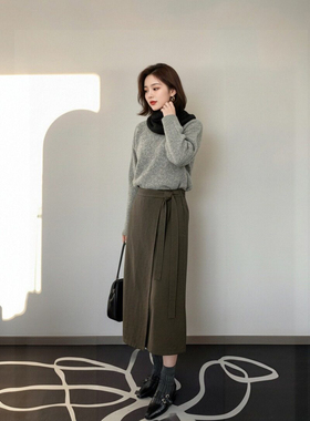 【辰大嗓严选】休闲风时尚潮流通勤系带开叉毛呢半身裙HBZW800198