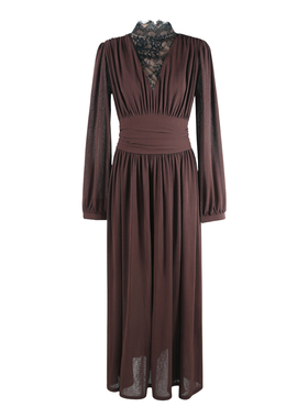 【辰大嗓严选】蕾丝拼接V领收腰显瘦棕色长款连衣裙HBZW800246