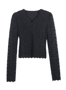 2025冬新法式复古风优雅蕾丝镂空V领长袖上衣打底衫HBZW918501