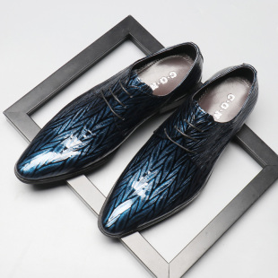 男士 新款 皮鞋 尖头系带英伦韩版 竹叶纹 漆皮潮流蓝色正装 2021秋季