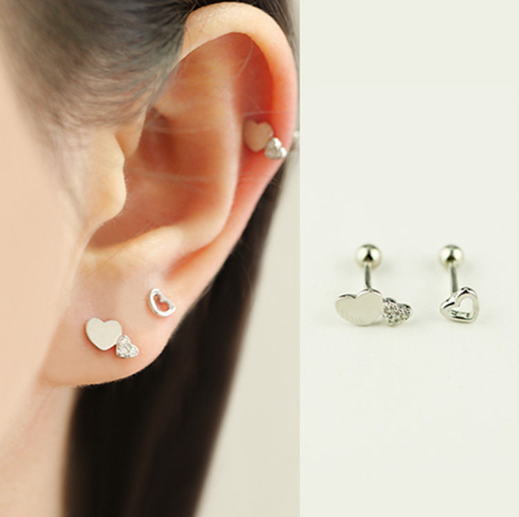 睡觉不用摘 甜蜜风暴爱心925纯银螺丝款耳钉细针耳骨迷你简约日韩