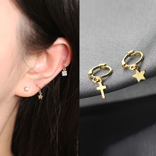 Fille独家定制14K包金纯银迷你简约耳骨扣十字星星耳钉女耳环韩版