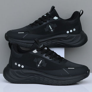 跑步鞋2025新款男鞋防水皮面运动鞋男款休闲跑步鞋男厚底黑色潮鞋