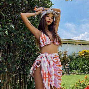 绑带辣妹风分体比基尼三件套 露背时尚 外贸新款 扎染泳衣女性感V领