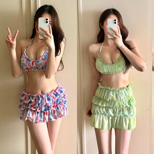 性感新款 比基尼 泳衣女甜辣少女风扎染渐变挂脖系带木耳边分体裙式