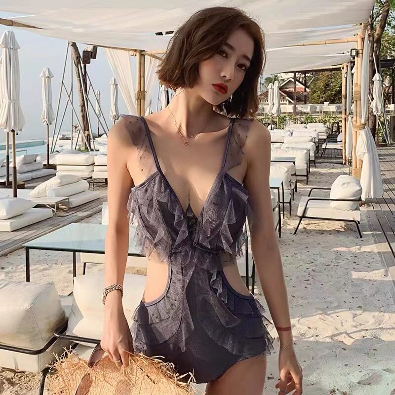 厂家新款东大门泳装性感美背遮肚显瘦网纱花边连体泳衣女2023