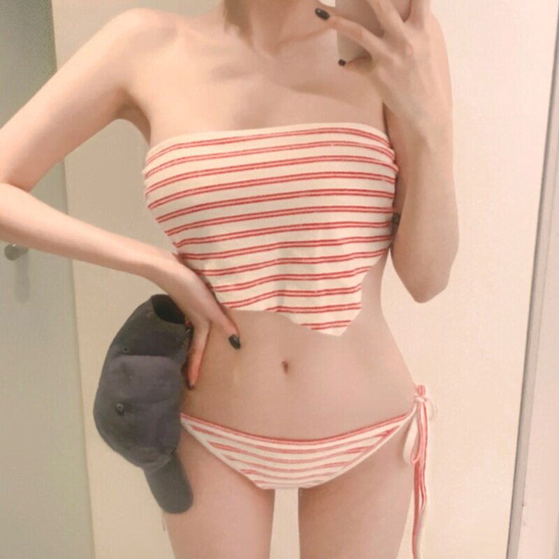 2026新款韩版女生泳衣性感美背大小胸聚拢复古条纹分体三角比基尼