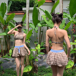 分体小胸学生度假比基尼三件套 2026日韩小清新格子泳衣女性感裙式