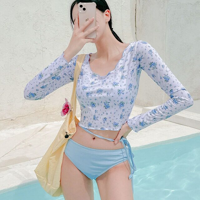 泳衣女新款性感高腰遮肚小胸聚拢学生少女泡温泉度假比基尼三件套