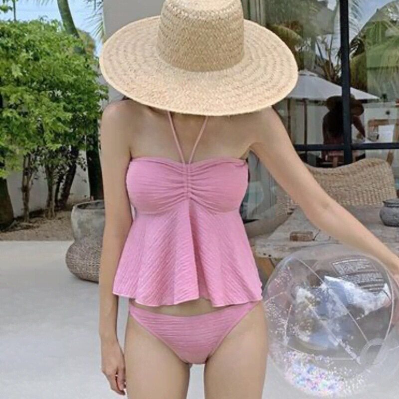 2025韩国新款性感露背挂脖吊带大小胸聚拢时尚大荷叶边分体泳衣女