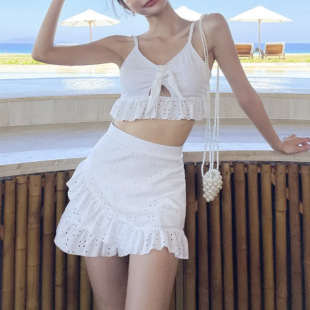 泳衣女三件套 性感露背高腰遮肚系带荷叶边分体裙式 新款 度假风泳装