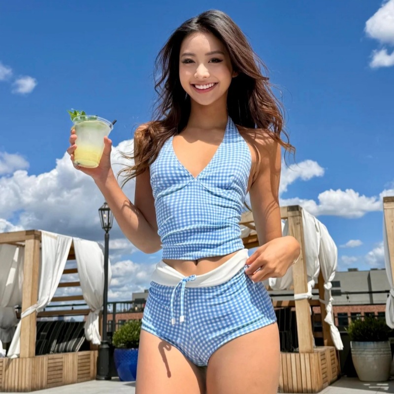 2色】新款泳衣女性感辣妹复古V领格纹挂脖分体泳衣女高腰显瘦泳装