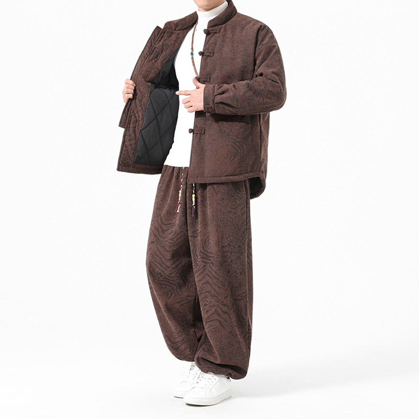 中国风盘扣设计中式唐装棉衣套装男女同款民族花纹阔腿棉裤两件套