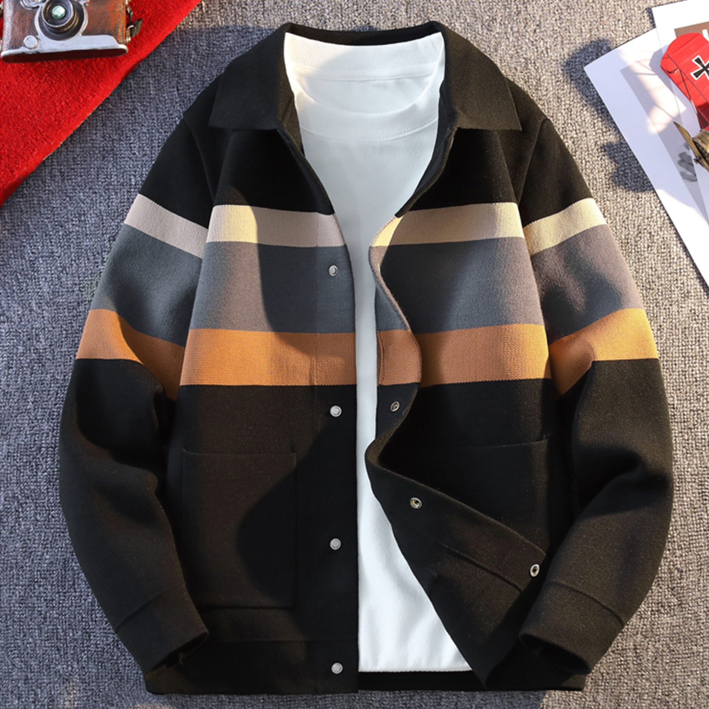 美式拼接撞色翻领毛衣男女同款