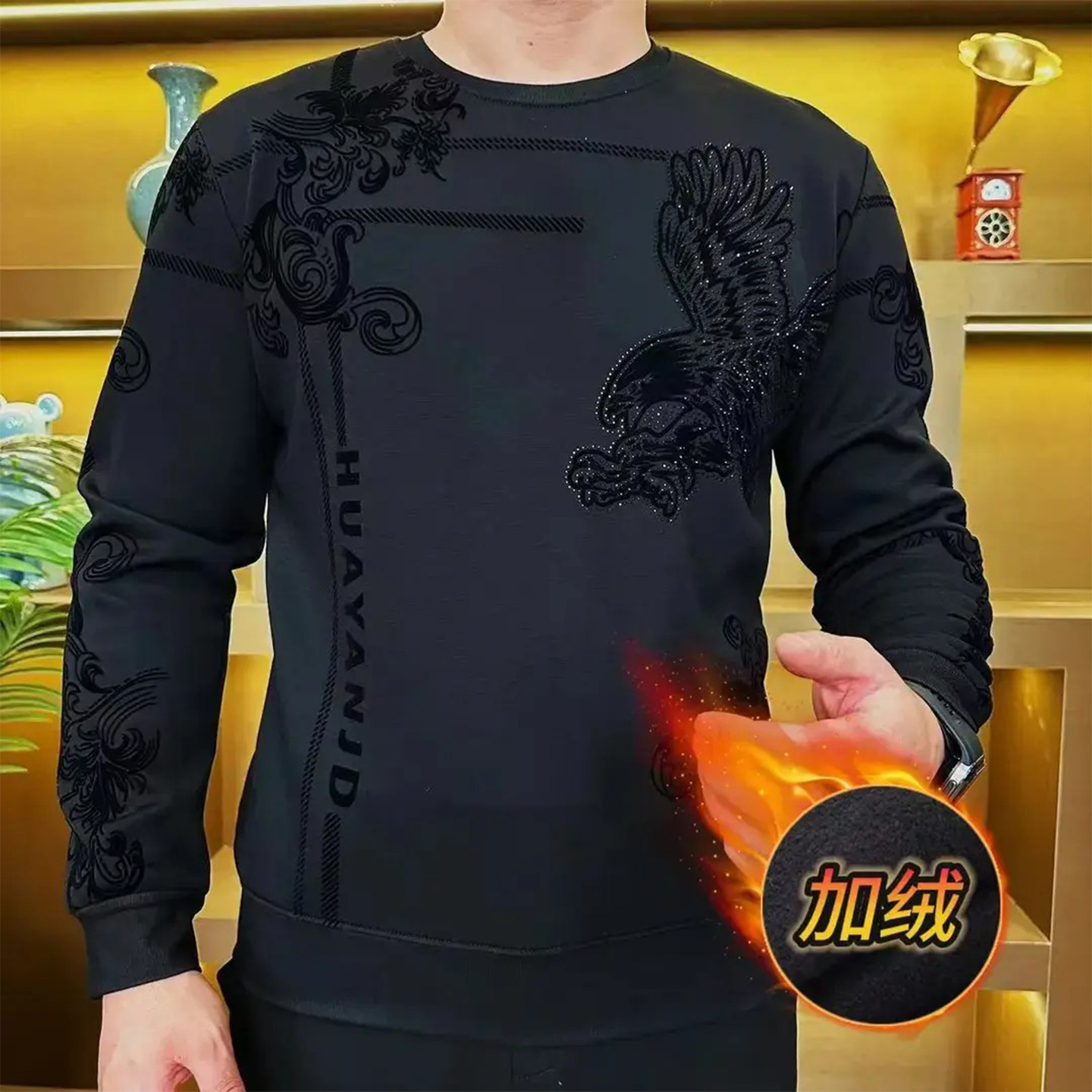 植绒设计老鹰图案圆领卫衣男女款