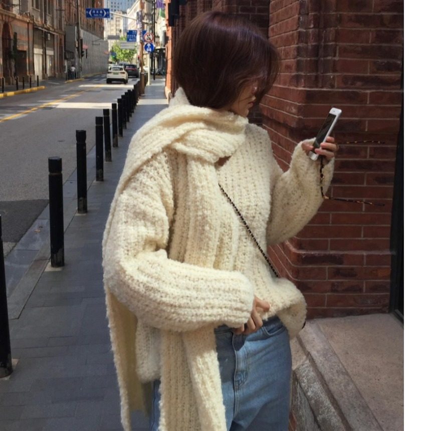 韩国东大门松弛感软糯宽松百搭V领针织衫围巾保暖毛衣女两件套,女装/女士精品,毛衣,淘宝优惠券,粉丝福利购,淘宝优惠卷