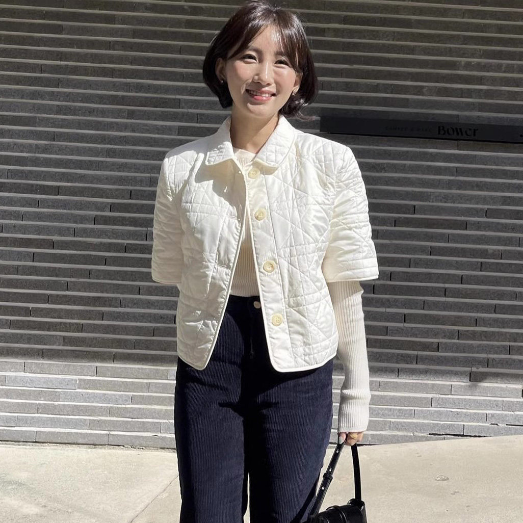 韩国格纹翻领短袖棉服小外套