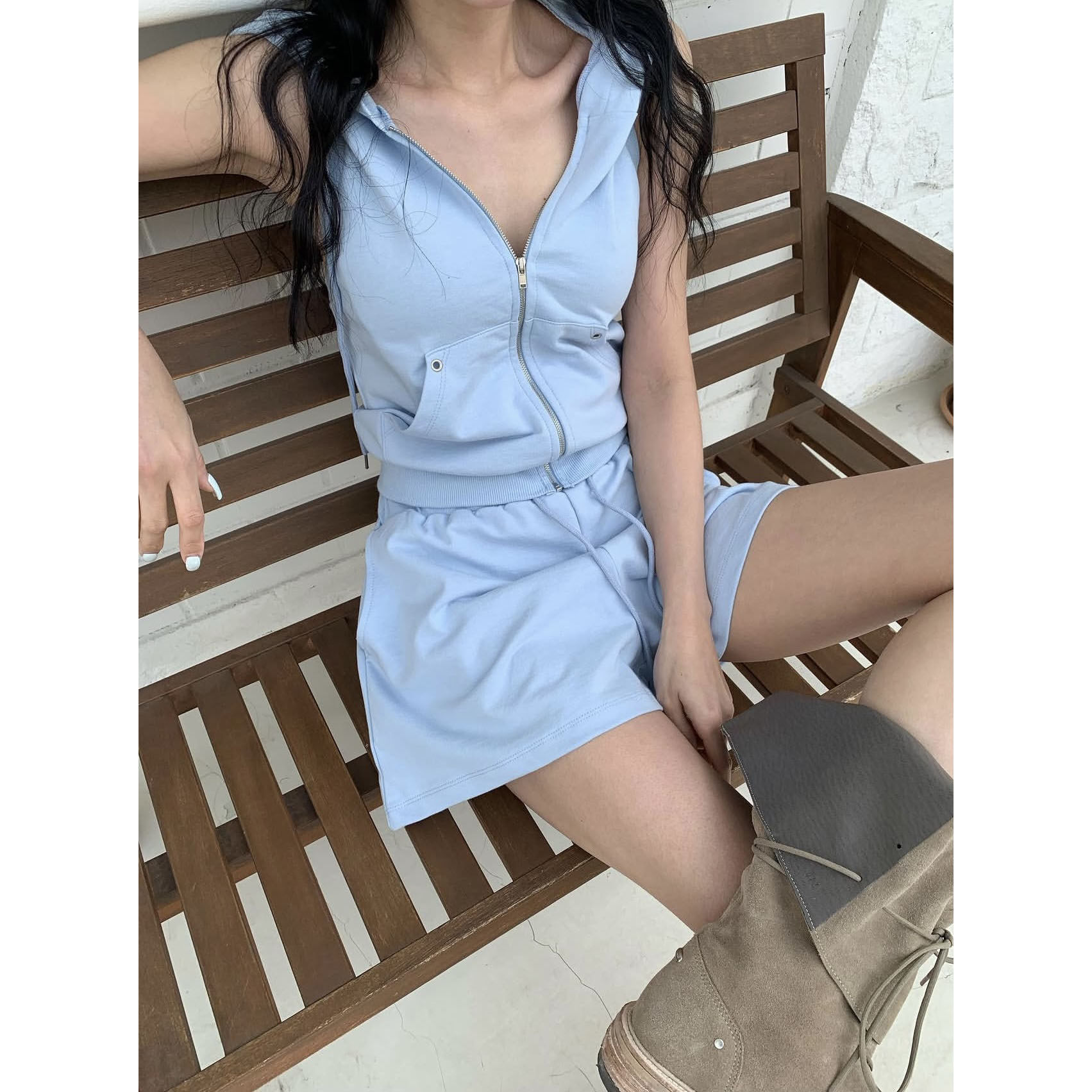 韩国连帽拉链坎肩卫衣短裤套装女