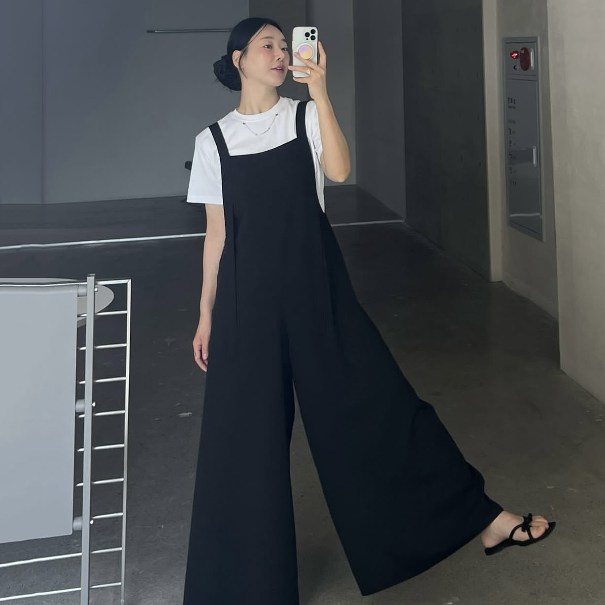 韩国东大门纯色简约圆领短袖T恤女+宽松直筒吊带连体裤阔腿背带裤