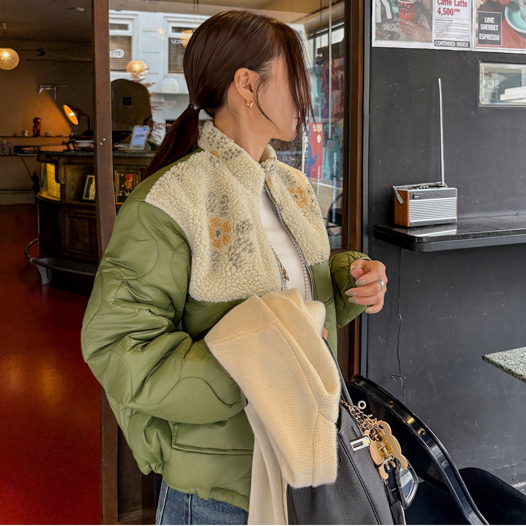 韩国东大门洋气立领羊羔毛绒拼接绿色羽绒棉衣棉服宽松保暖外套女