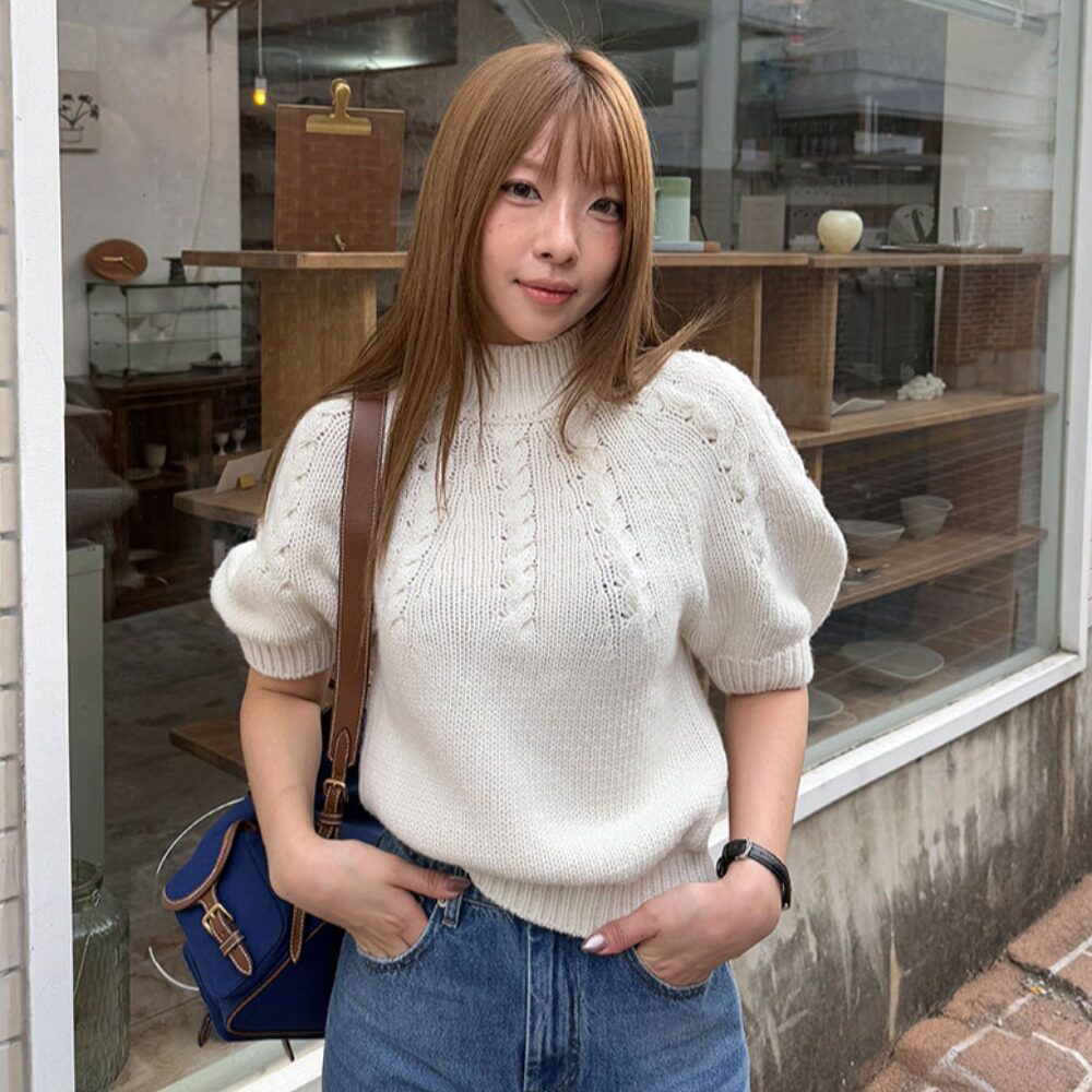 韩国东大门秋冬气质复古立领泡泡袖麻花宽松短袖毛衣针织衫女上衣
