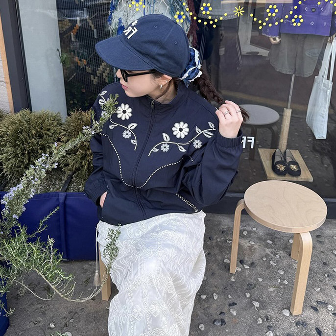 韩国复古拉链刺绣花卉夹克外套女