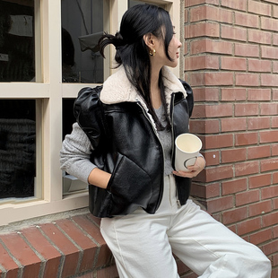 韩国东大门皮毛一体羊羔毛短款外套女加绒加厚泡泡袖机车服皮衣