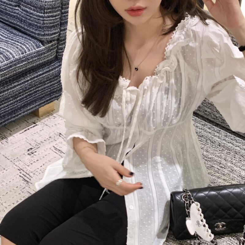 韩国甜美花边领波点衬衫女