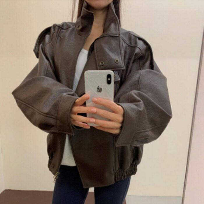 韩国立领机车服pu皮衣夹克外套女