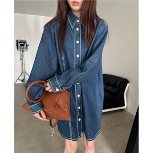 韩国东大门复古翻领单排扣明线设计宽松中长款休闲牛仔连衣裙女