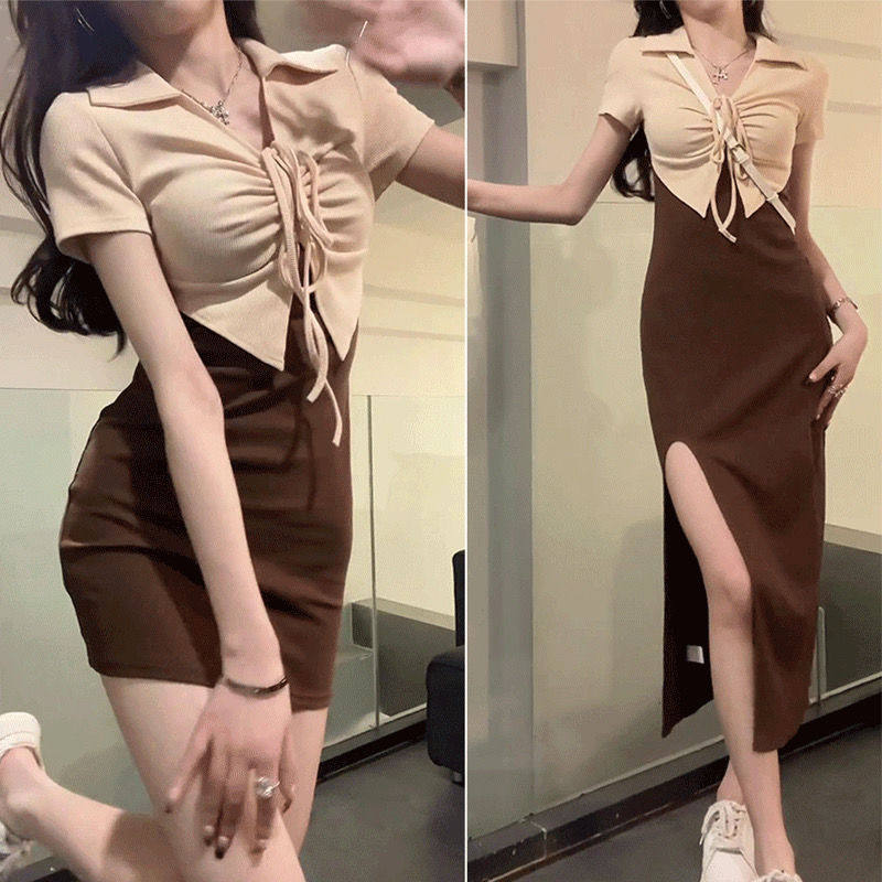 纯欲连衣裙女性感包臀夏季内搭显瘦开叉假两件设计感polo领辣妹裙