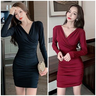 交叉V领性感连衣裙收腰修身显瘦春秋款褶皱夜 店女装紧身包臀裙子