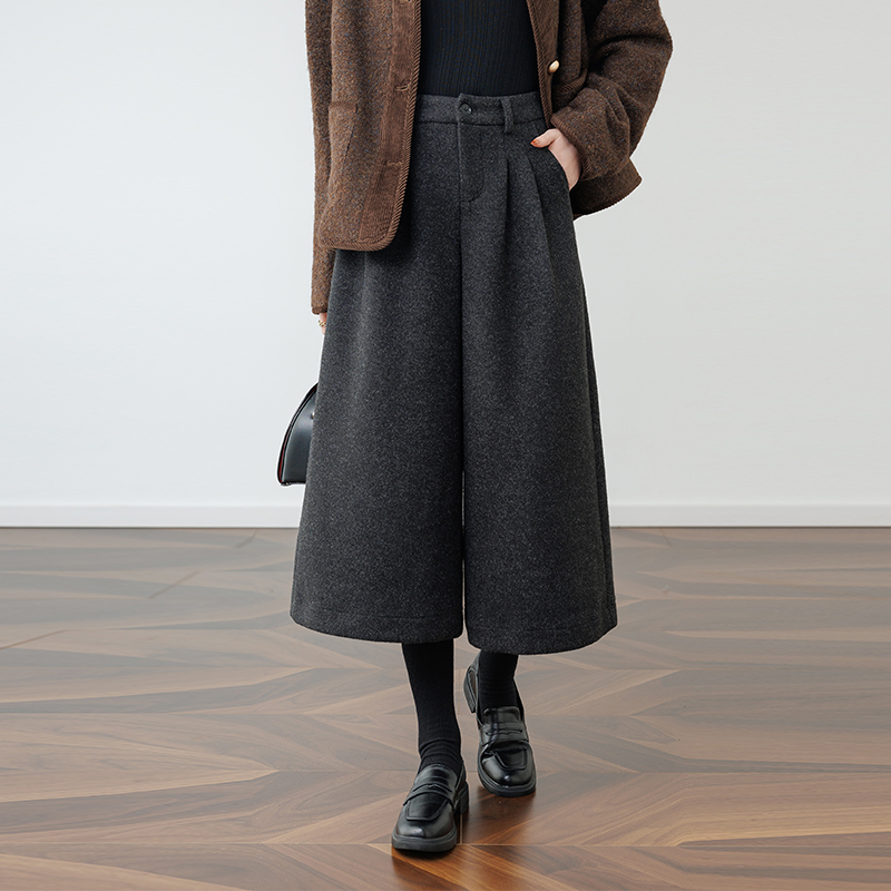 七八分毛呢阔腿裤女2025秋冬新款高腰小个子加厚黑灰色直筒靴裤子