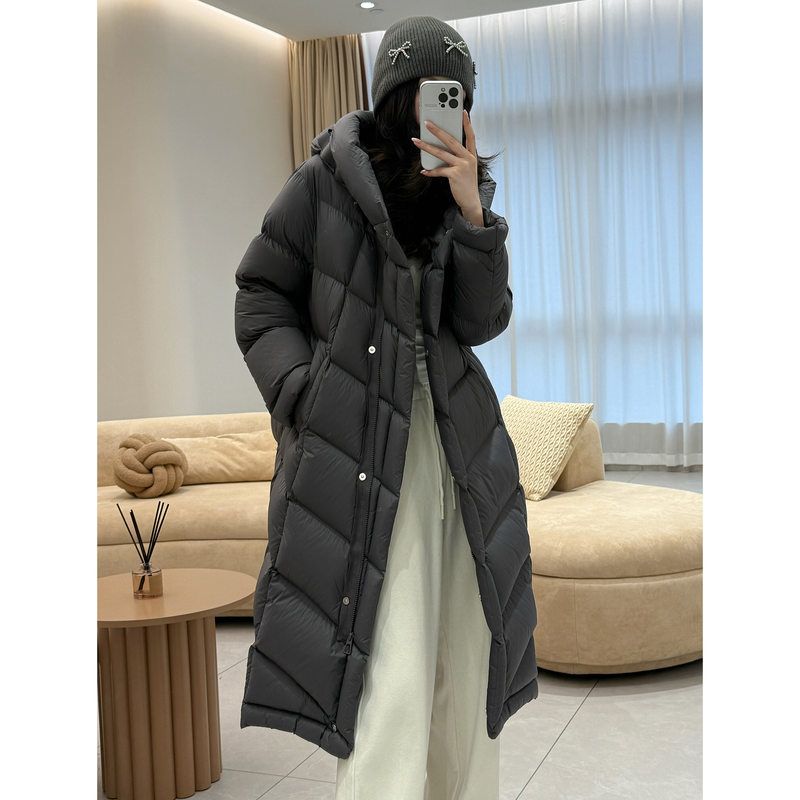 白鹅绒防风中长款保暖连帽羽绒服女2025冬季直筒过膝加厚外套