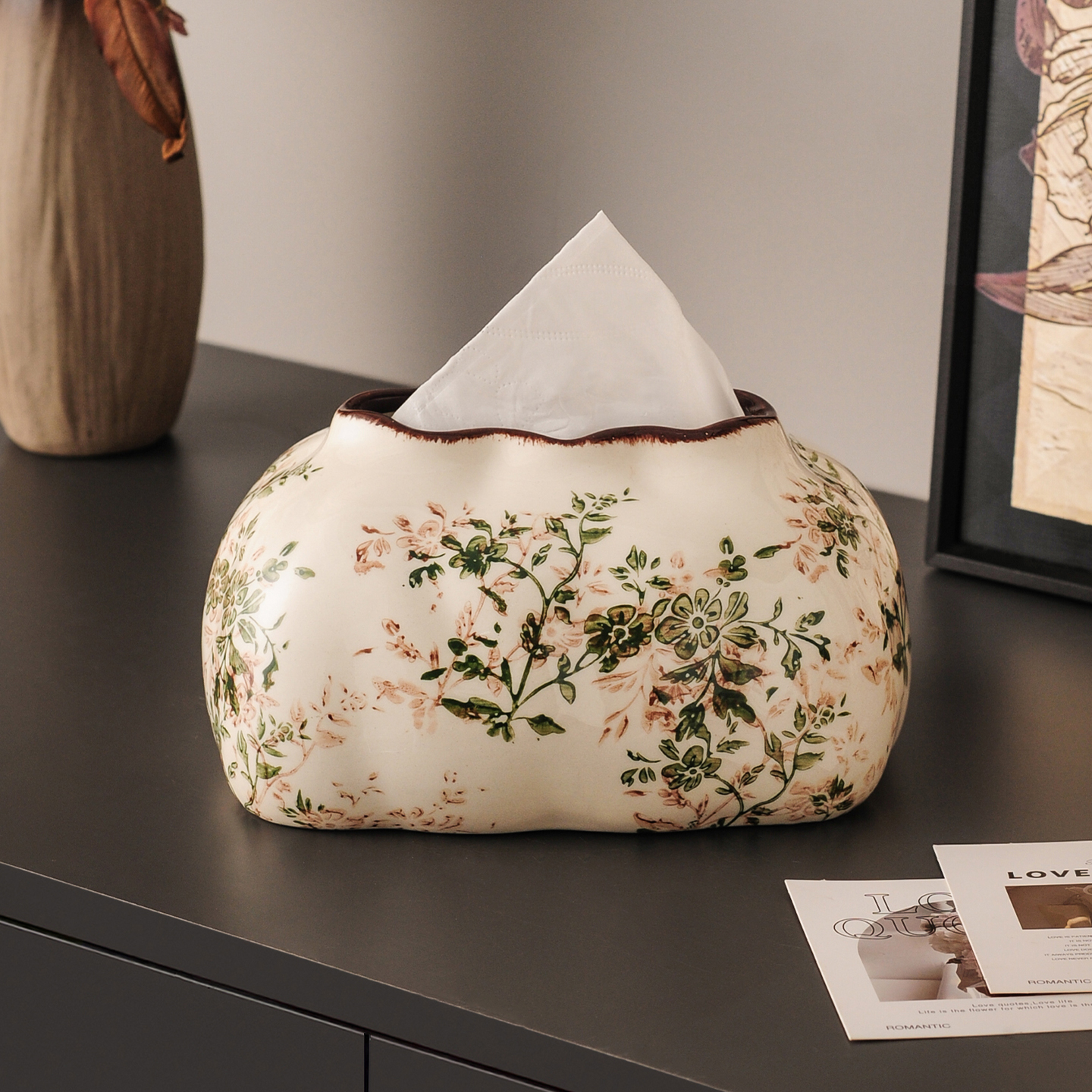 繁花似锦陶瓷纸巾盒家用客厅桌面装饰品创意抽纸盒轻奢高级感摆件