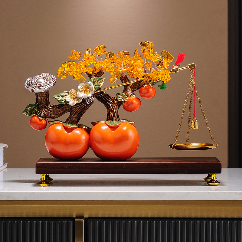 柿柿事事称心如意发财树摆件新中式客厅玄关电视柜装饰品乔迁礼物