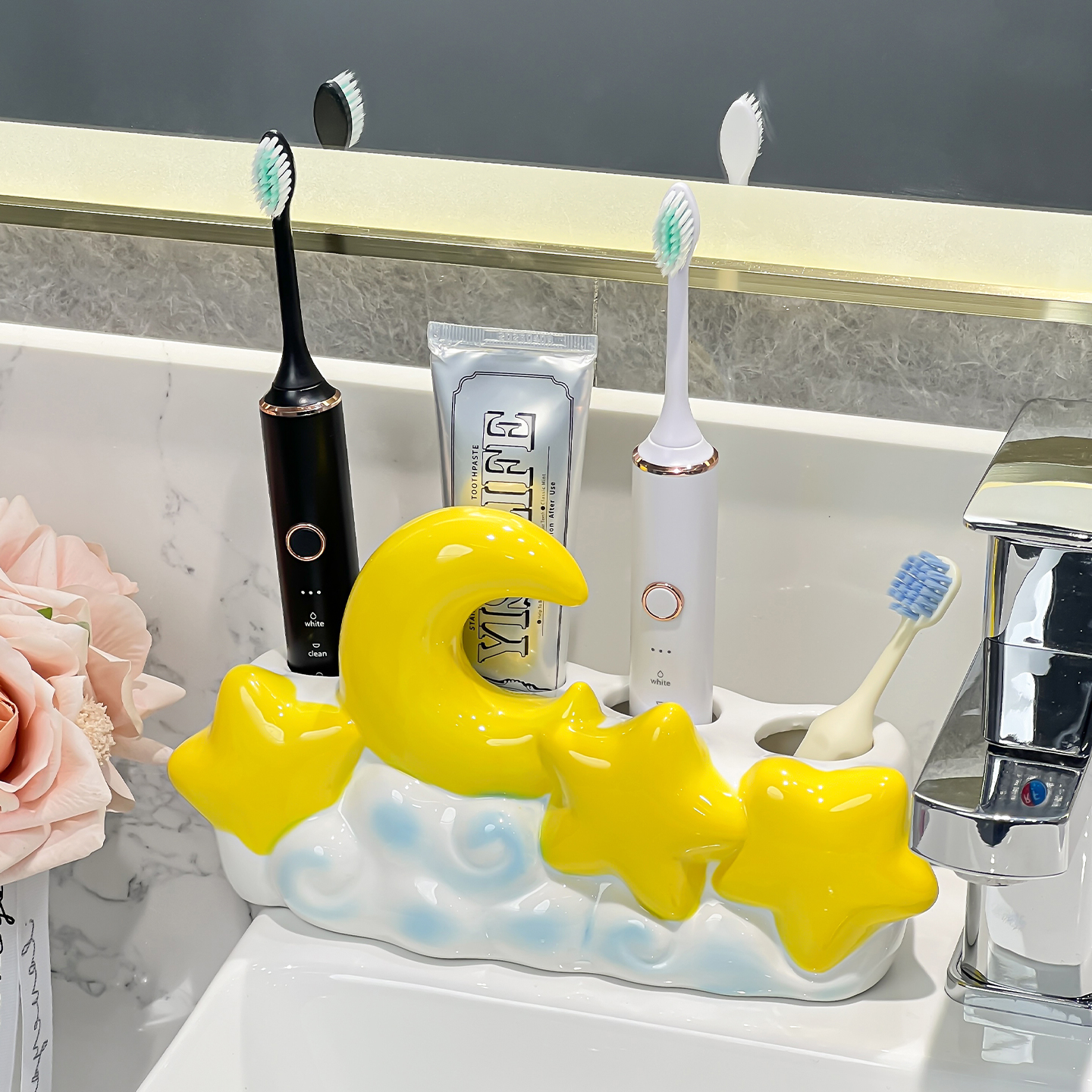卡通星星电动牙刷架子置物架家用卫生间洗漱台牙膏情侣底座陶瓷