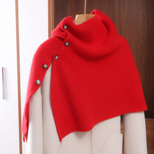 100%纯羊绒高领披肩针织斗篷假领子女秋冬新款带扣不规则大衣保暖