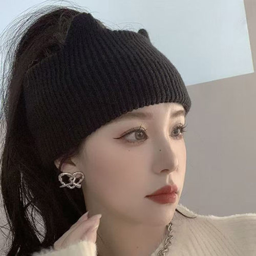 美式复古100%山羊绒猫耳朵发带女宽边针织百搭束发帽保暖头套