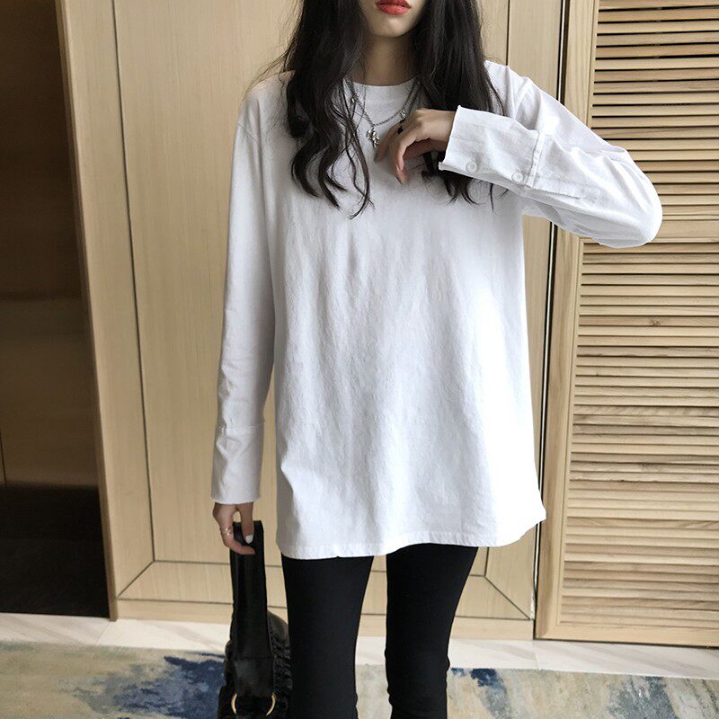 2025春秋季中长款宽松纯棉白色长袖运动休闲t恤打底衫女国潮上衣