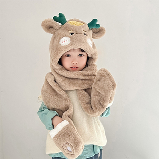 冬天儿童帽子围巾手套一体三件套保暖卡通男童毛绒帽护耳女童帽潮