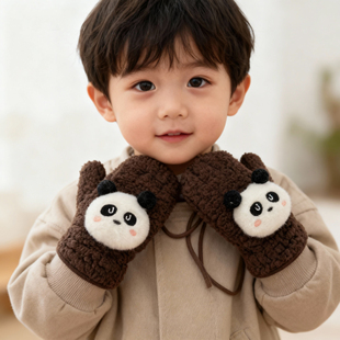 儿童手套冬季保暖防寒宝宝挂脖连指手套可爱熊猫男童女童加厚手套