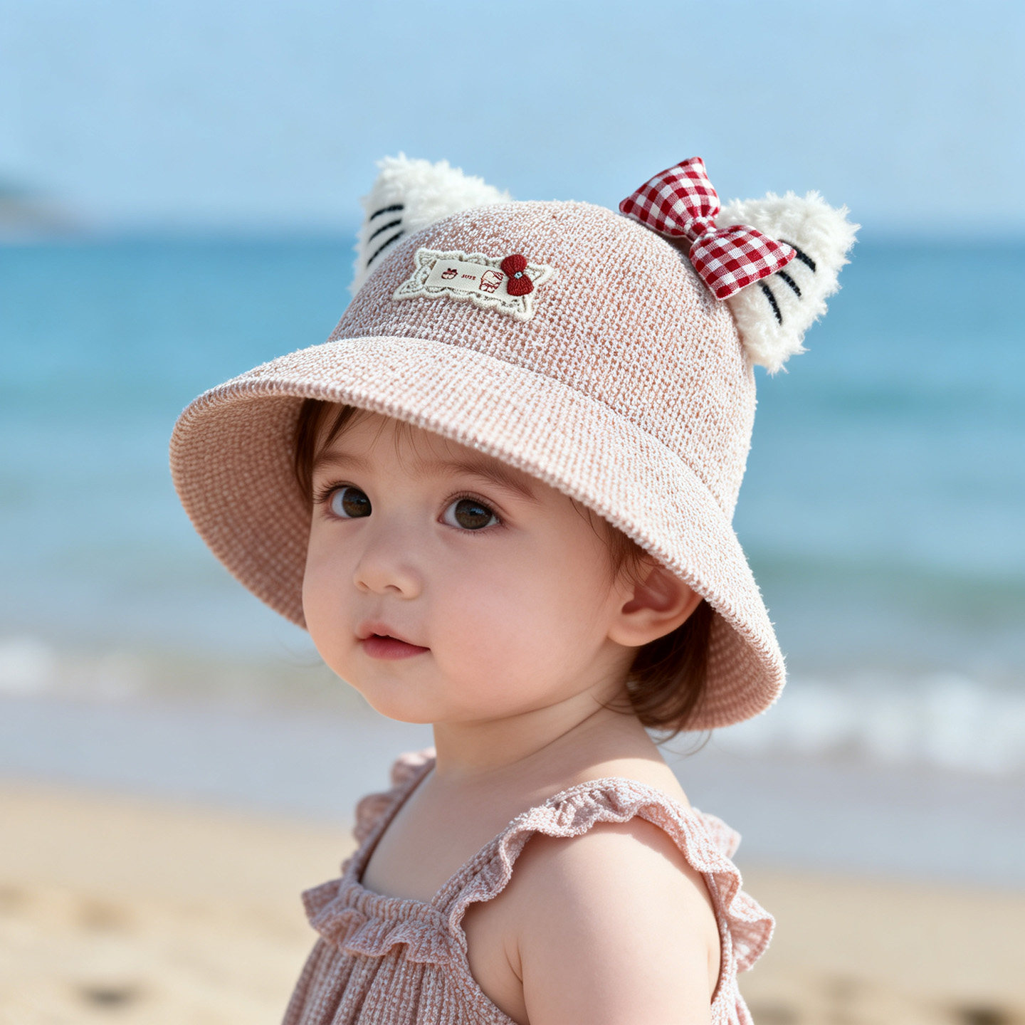 女宝宝帽子夏季可爱猫咪耳朵婴儿遮阳草帽户外沙滩防晒帽女童盆帽