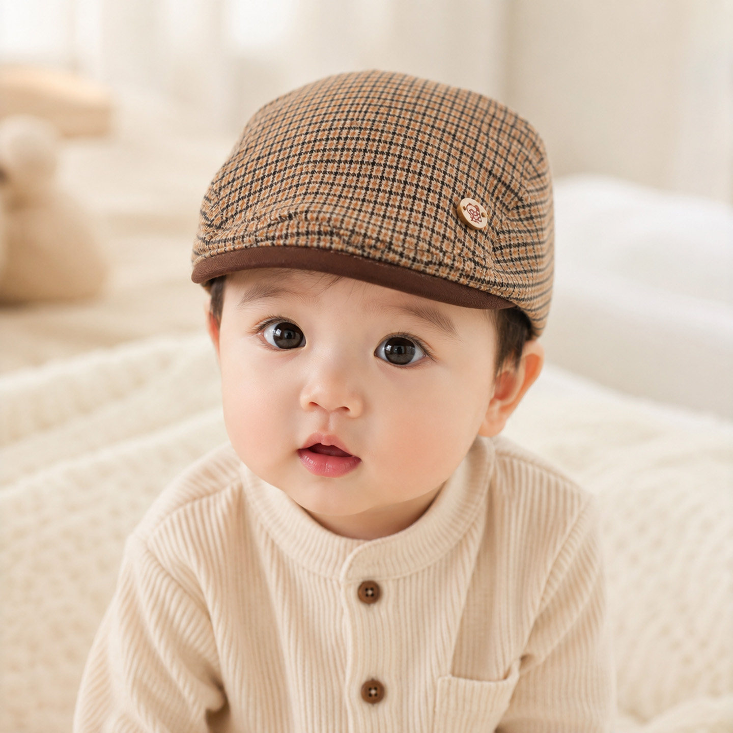 婴儿贝雷帽子秋冬季宝宝英伦格纹鸭舌帽柔软百搭复古男女童前进帽