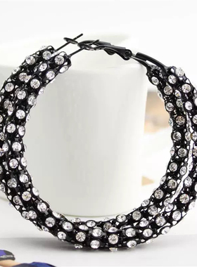 高级感黑色大圆圈带钻粗耳环2025年新款潮气质名媛夸张轻奢耳饰女