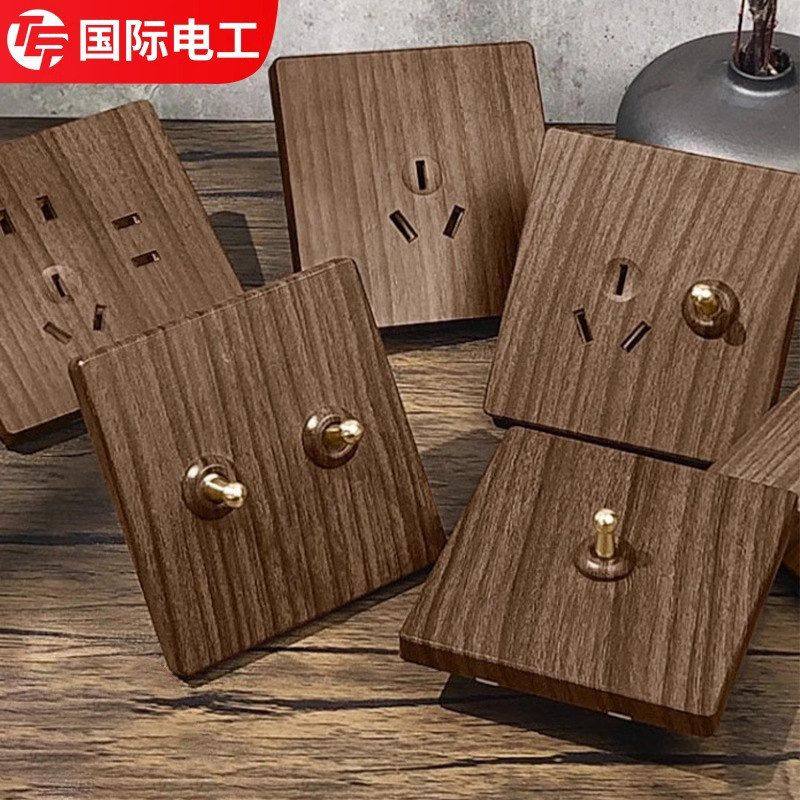 拨杆插座面板复古风国际一开型插位双联开关暗装木纹电工多双控86,电子元器件市场,按钮,淘宝优惠券,粉丝福利购,淘宝优惠卷