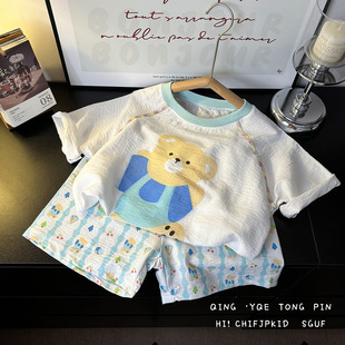 薄款 儿童夏季 短裤 男童拼色云朵棉睡衣女宝宝短袖 分体 家居服套装